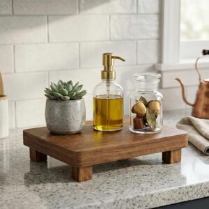 Engineered Wood Counter Tray for Kitchen Bathroom Home Decor Organizer Stand Brown Natural Finish Modern Display Platform for Soap Bottles Candles Vase Accessories 25 x 20 x 5 cm